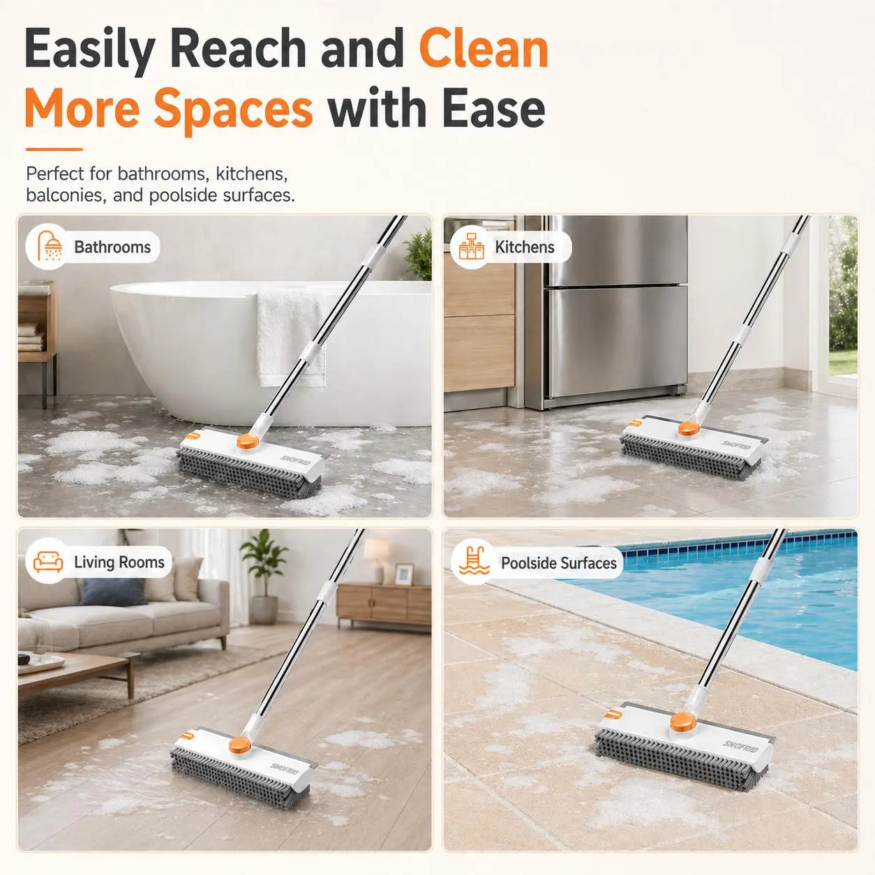 Snofrid Floor Scrub Brush, 3 in 1 Floor Scrub Brush with 54-In Adjustable Long Handle and Scraper Heavy Duty Stiff Bristle Floor Scrubber for Cleaning Shower Bathroom Kitchen Patio Garage Pool Wall and Deck, Orange&White