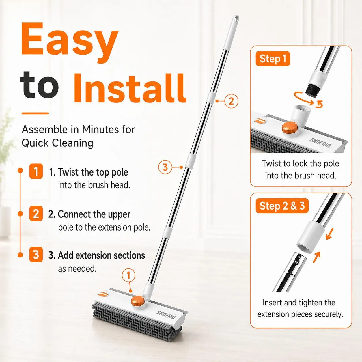 Snofrid Floor Scrub Brush, 3 in 1 Floor Scrub Brush with 54-In Adjustable Long Handle and Scraper Heavy Duty Stiff Bristle Floor Scrubber for Cleaning Shower Bathroom Kitchen Patio Garage Pool Wall and Deck, Orange&White