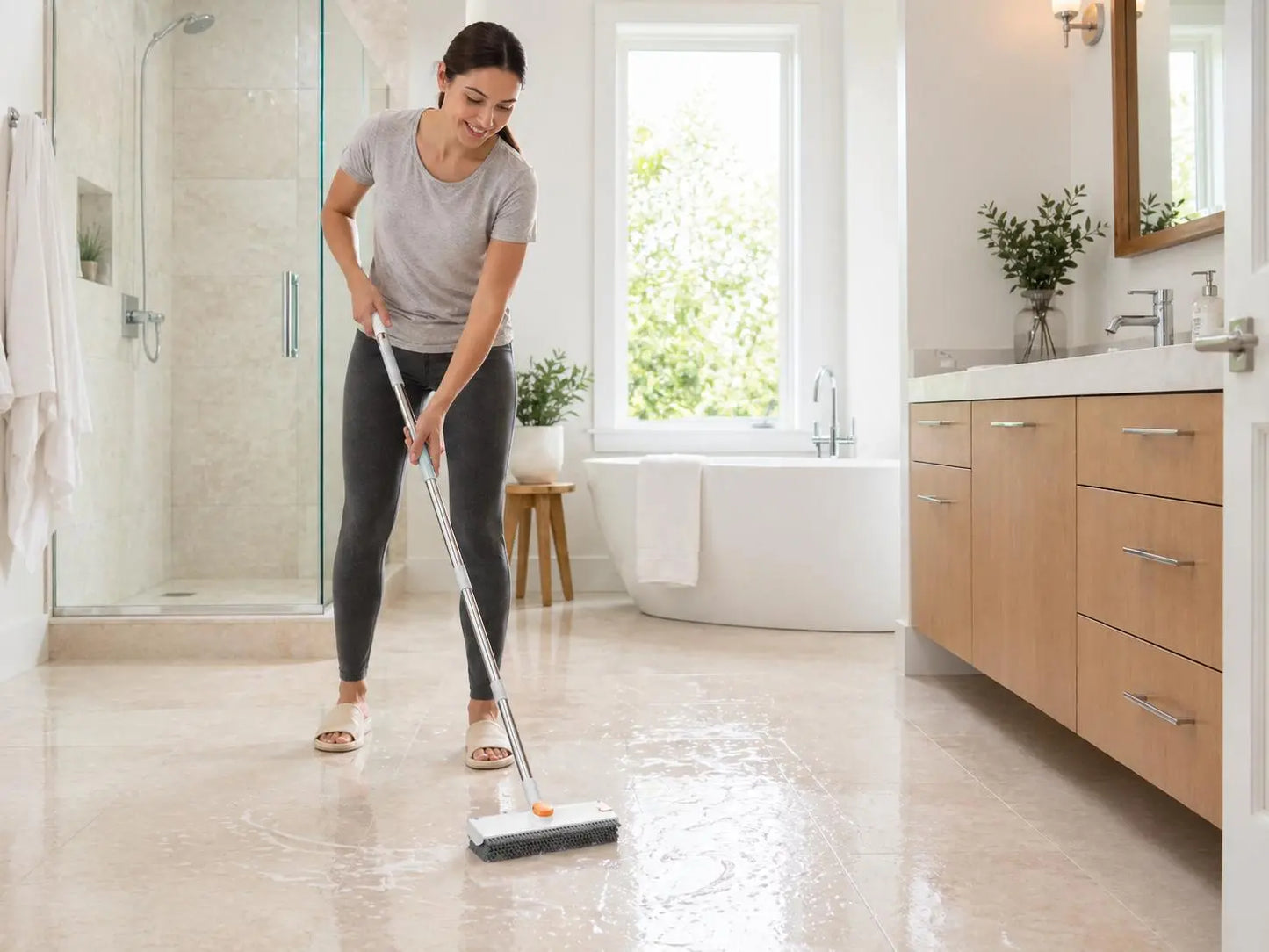 Snofrid Floor Scrub Brush, 3 in 1 Floor Scrub Brush with 54-In Adjustable Long Handle and Scraper Heavy Duty Stiff Bristle Floor Scrubber for Cleaning Shower Bathroom Kitchen Patio Garage Pool Wall and Deck, Orange&White
